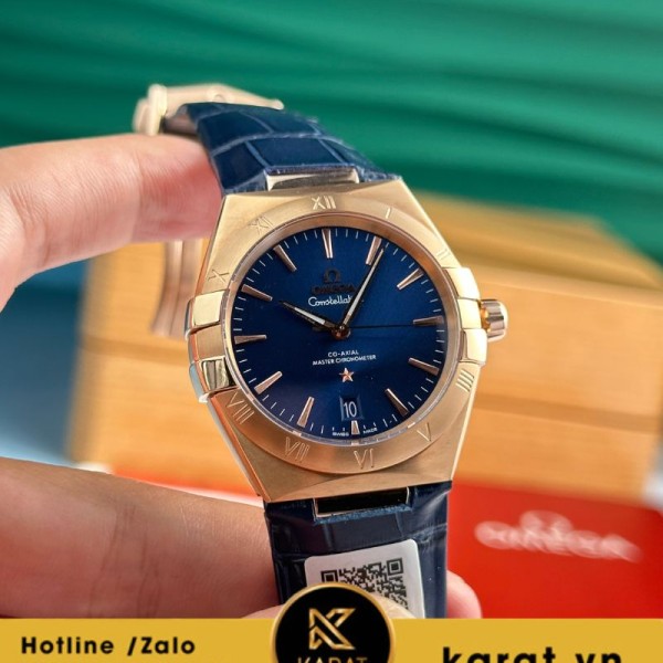 Đồng hồ Omega Constellation vàng hồng mặt xanh blue