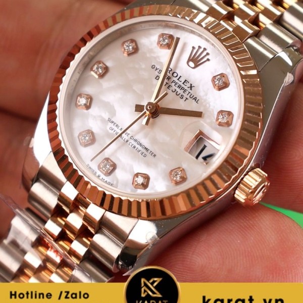 Đồng hồ Rolex Datejust 31mm bọc vàng GM up full option mặt MOP vân mây cọc số kim cương thiên nhiên