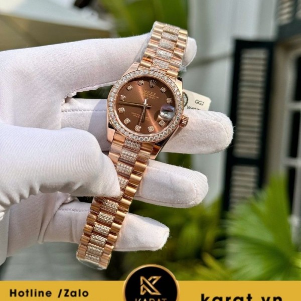 Đồng hồ Rolex Datejust nữ 31mm chocolate bọc vàng độ moissanite