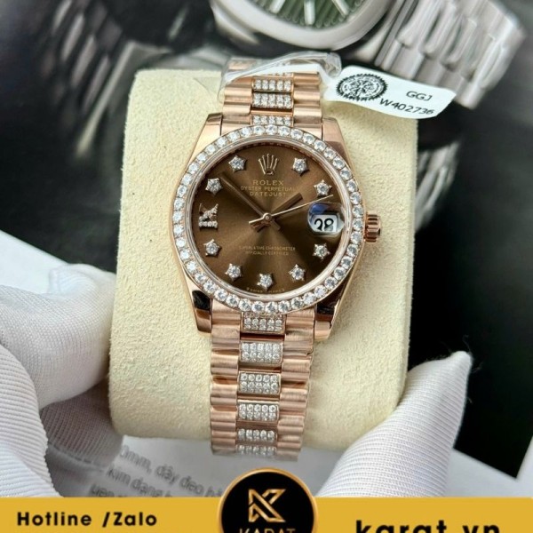 Rolex datejust bọc vàng full Moissanite mặt chocolate vỏ vàng hồng Fake